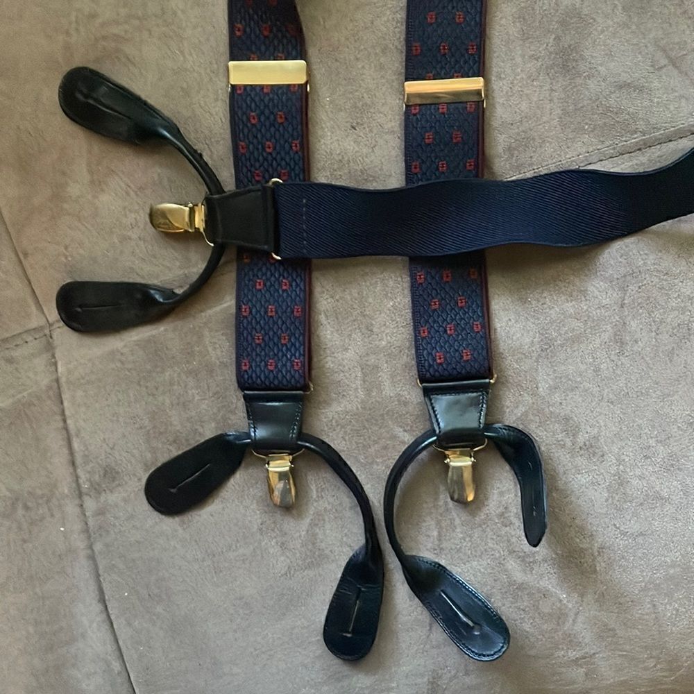Vintage Austin Reed Navy / Red / Leather trim Suspenders / made in England
